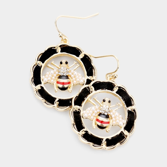 iFashionBox Jewelry - Black & Gold Bee Pearl Rhinestone Crystal Suede Chain Link Hoop Dangle Earrings